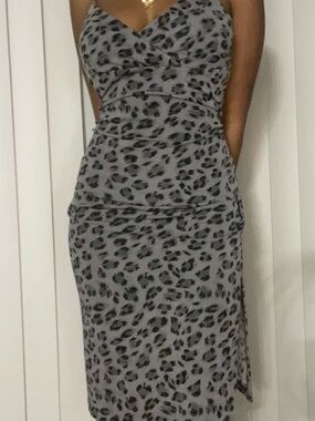 La Belle Gray Leopard Print Ruched Slip Dress